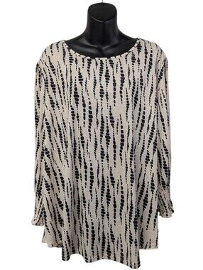 XIEERDUO Womens Plus 3X Beige Black Abstract Long Sleeve Tunic Blouse Pleat